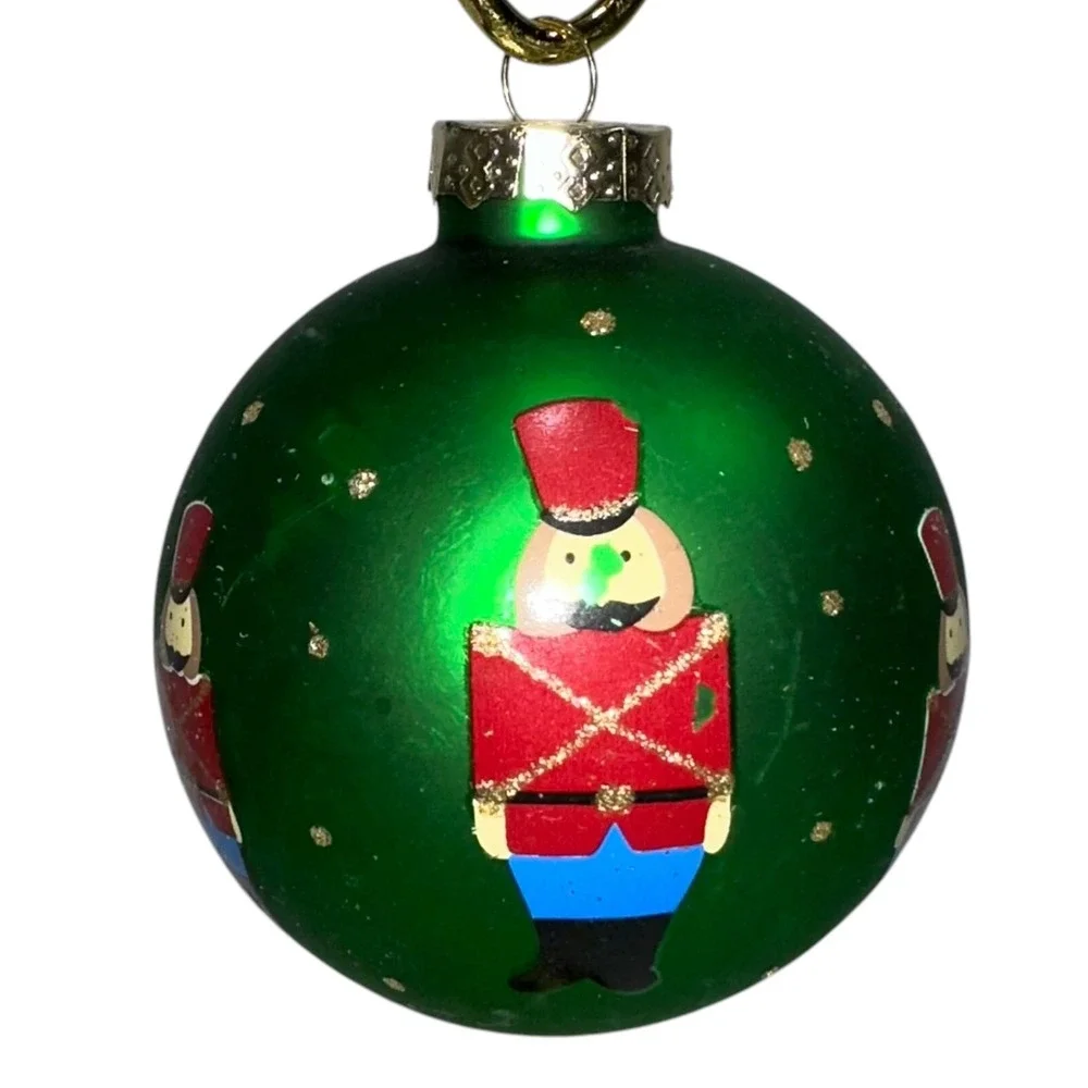 Vintage Set Of‎ 5 Green Christmas Ornaments Snowman Santa Soldier Glass Balls
